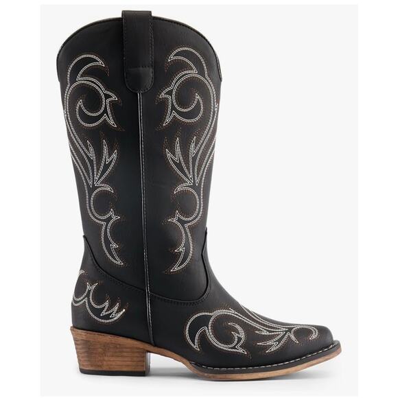 Women Cowboy Cowgirl Boots Mid Calf Square Toe Chunky Heel Embroidery Stitched - Picture 2 of 7